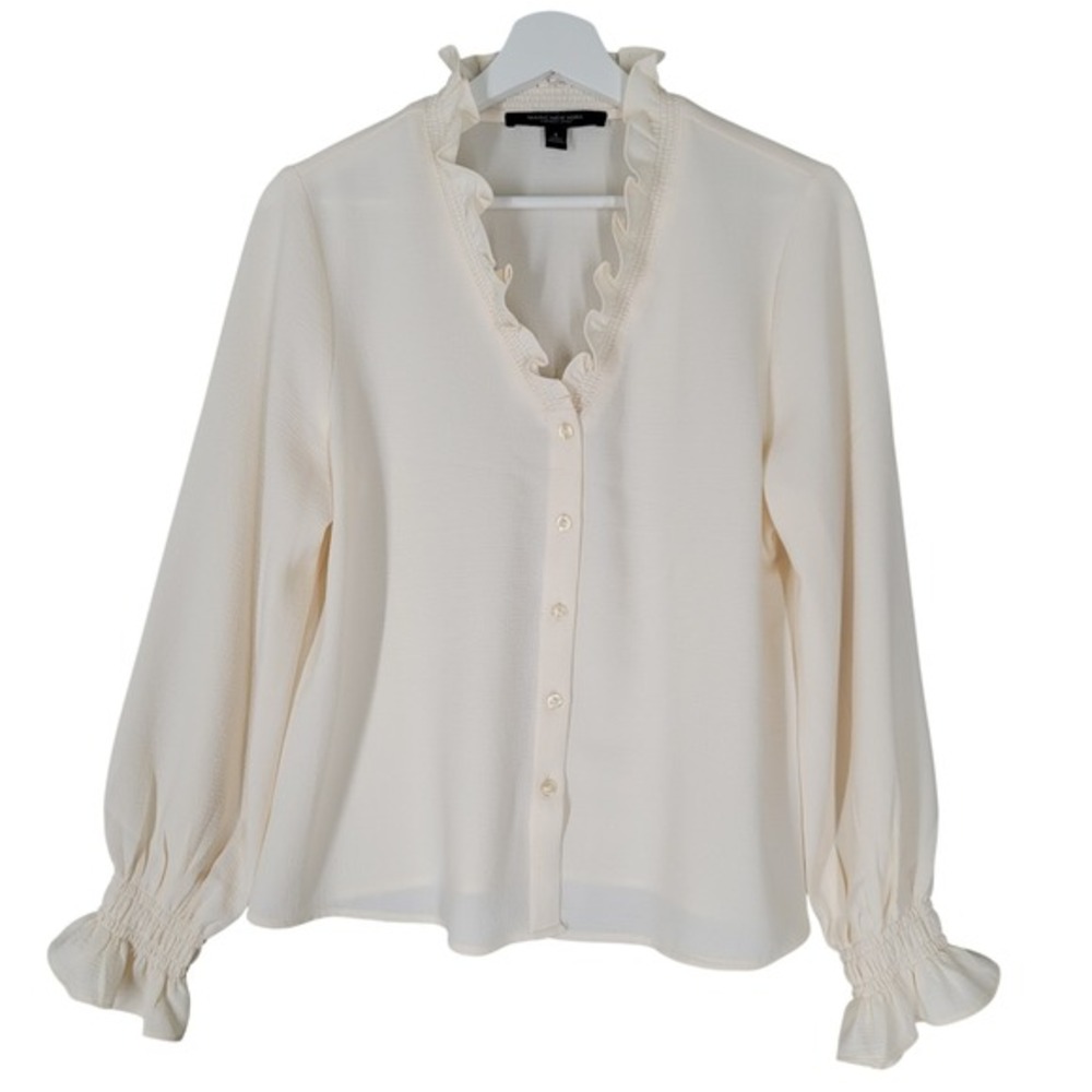 Marc‎ New York Blouse Womens Small Cream Ruffle Neck Smocked Cuff Button Up Top